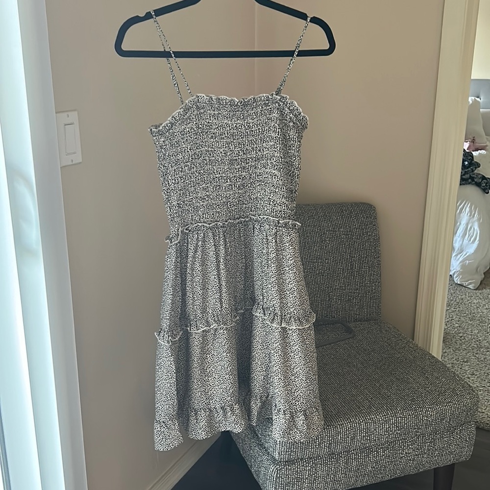 New layered dot pattern cream/tan and black dress